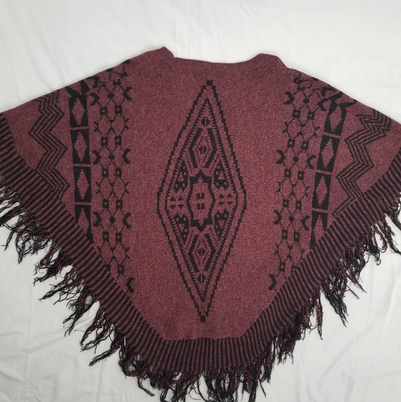 Maroon and Black Poncho with Fringe - Picture 2 of 4